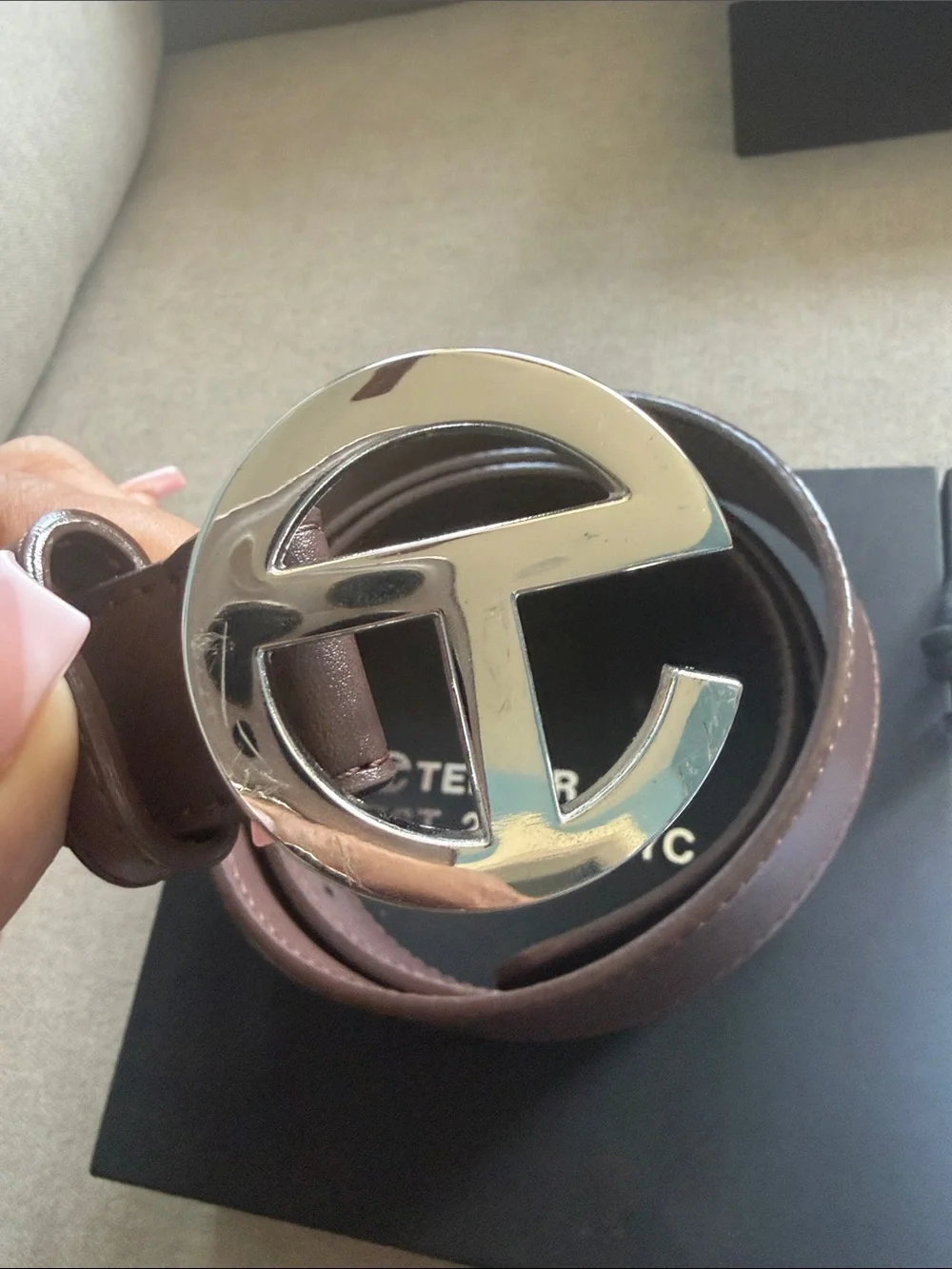 Telfar Brown Leather Belt with Silver Logo Buckle